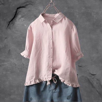 Women's Button Down Blouse Ruffle Hem