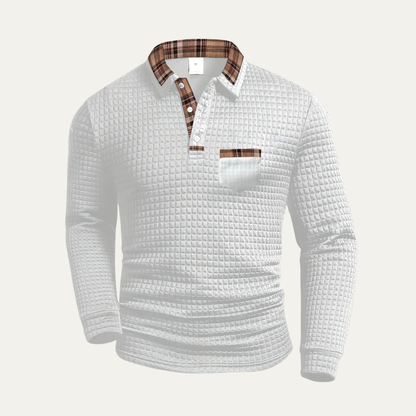 Men's Polo Sweater Textured Waffle Knit Plaid Trim
