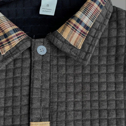 Men's Polo Sweater Textured Waffle Knit Plaid Trim