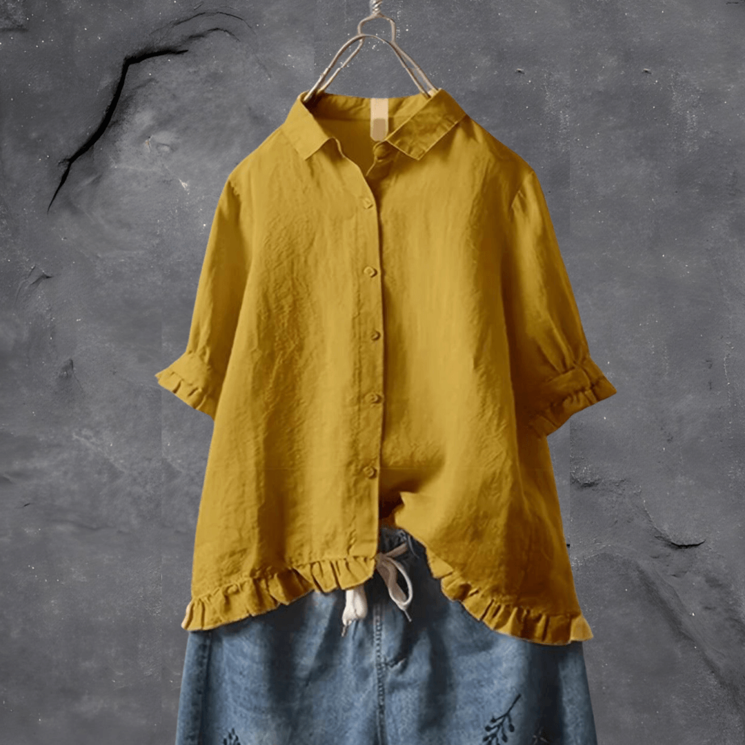Women's Button Down Blouse Ruffle Hem - VibreMode