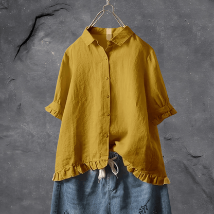 Women's Button Down Blouse Ruffle Hem - VibreMode