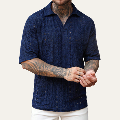 Men's Linen Shirt Crochet Mesh Navy Blue