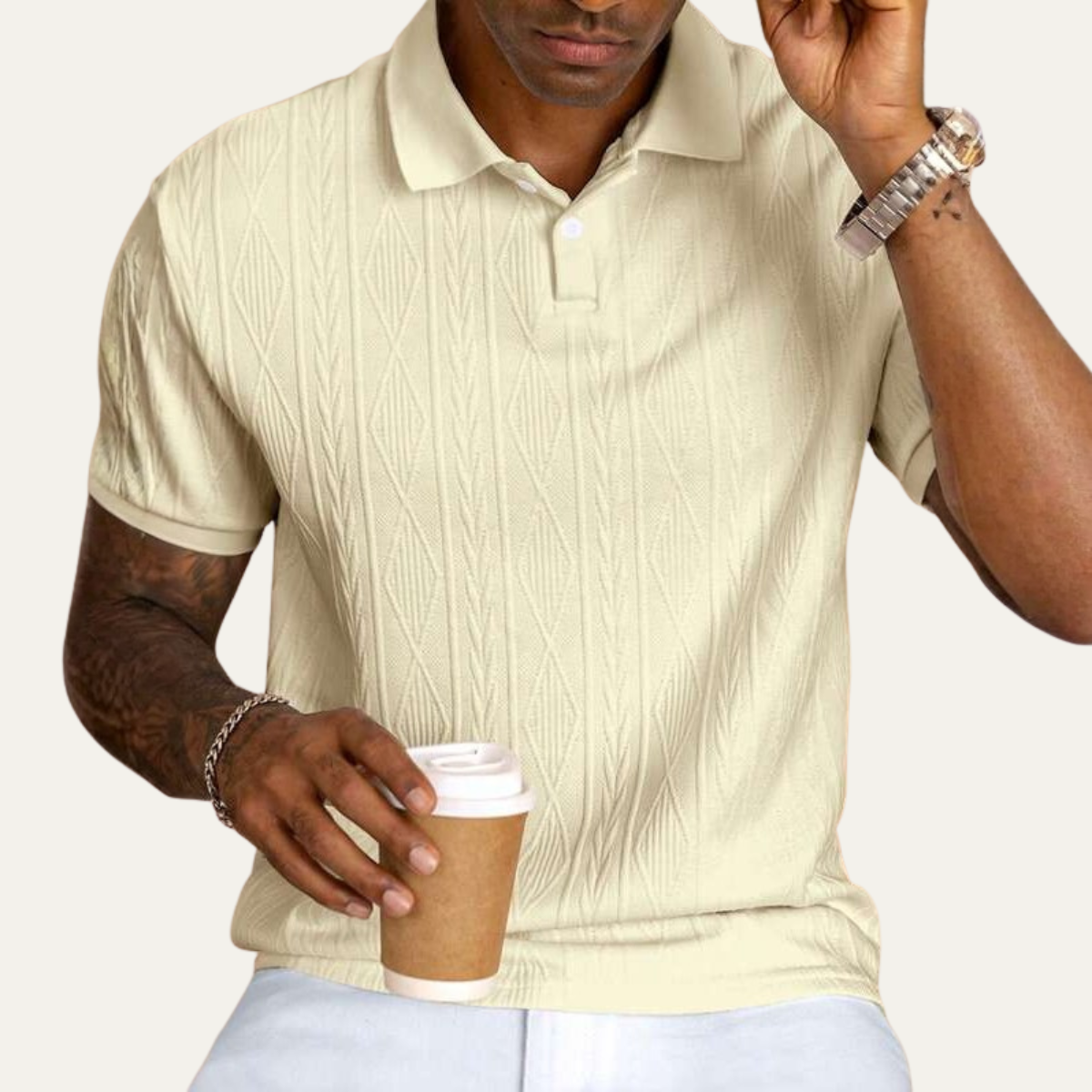 Men's Textured Polo Shirt Casual Button Up