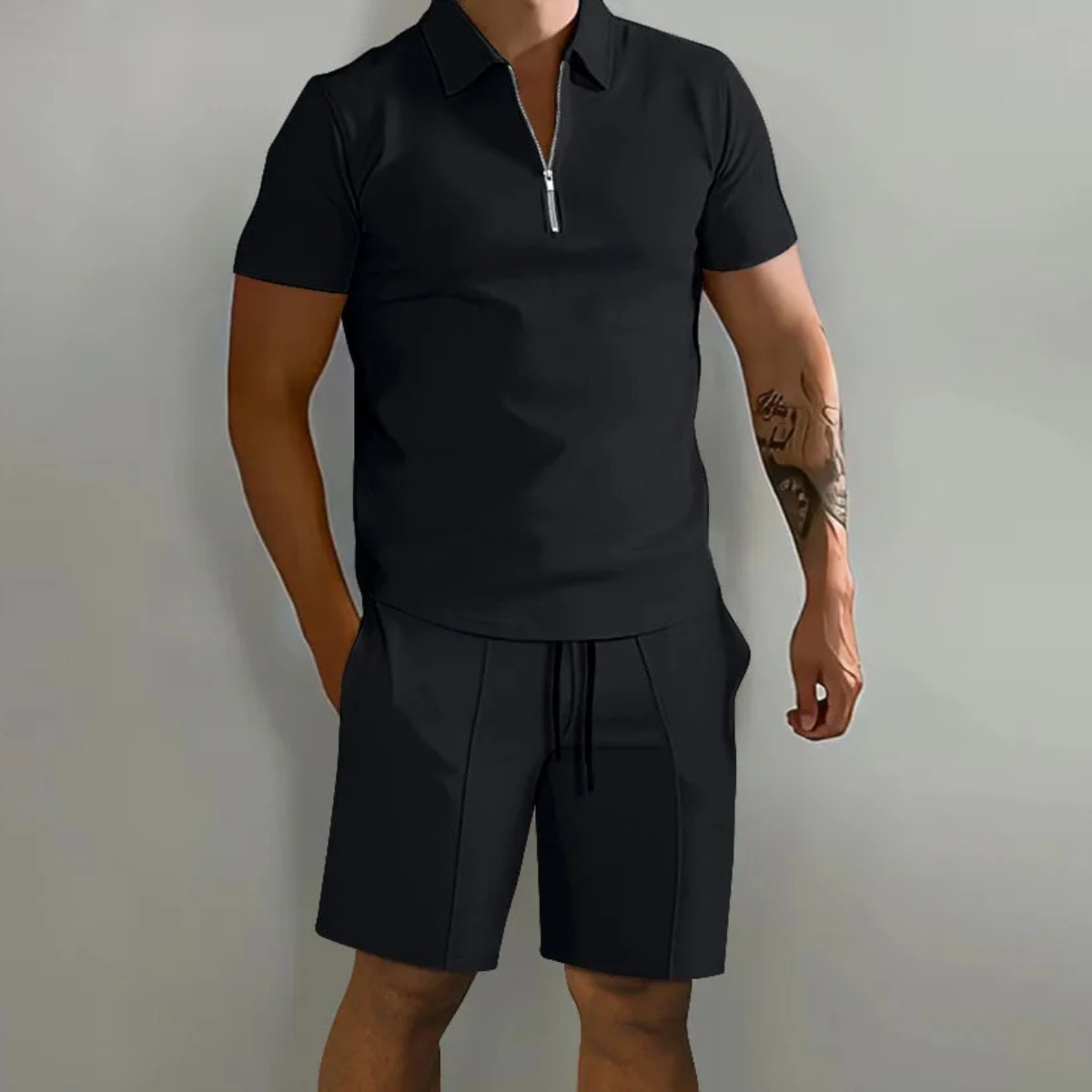 Men's Polo Shirt Shorts Set Black Cotton