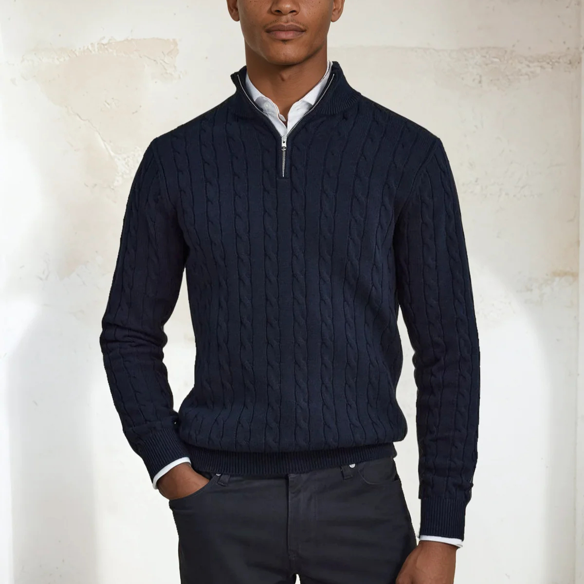 Men's Cable Knit Half Zip Sweater Navy Blue