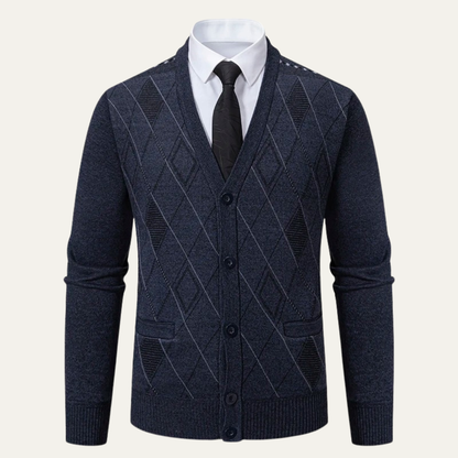 Men's Plaid Fleece Cardigan V Neck Winter Knit