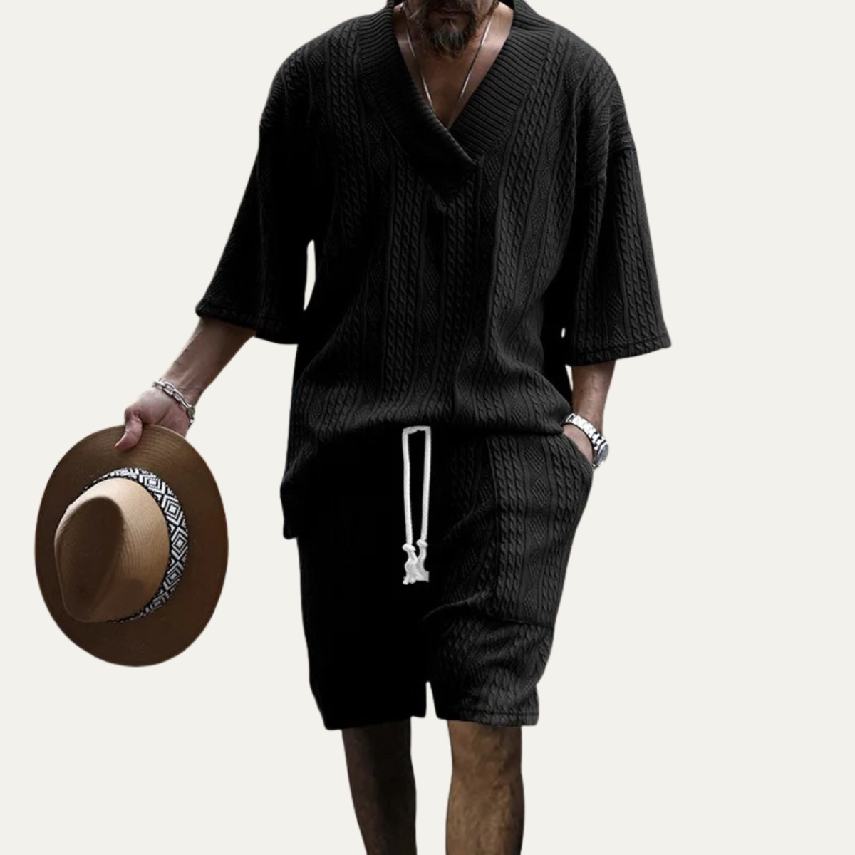 Men's Breathable Knitted Polo Shirt And Shorts Set