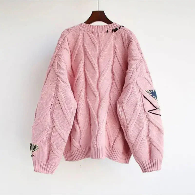 Women's Knitted V-Neck Cardigan Patchwork Embroidery - VibreMode