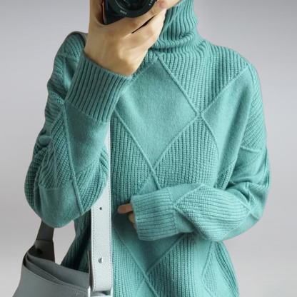 Women's Turtleneck Sweater Diamond Knit Ribbed Cuffs
