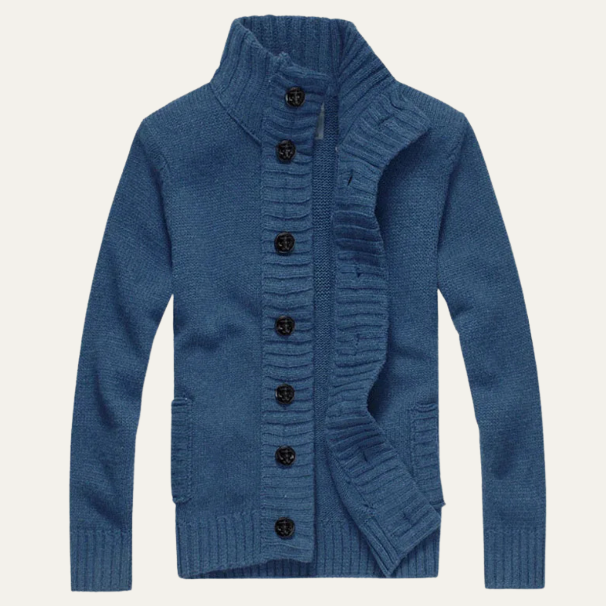 Men's Chunky Knit Cardigan High Neck Button Up Wool Grey - VibreMode