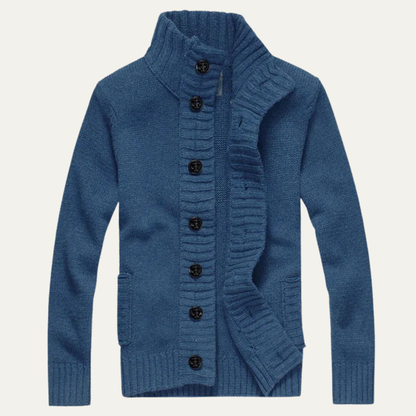 Men's Chunky Knit Cardigan High Neck Button Up Wool Grey - VibreMode
