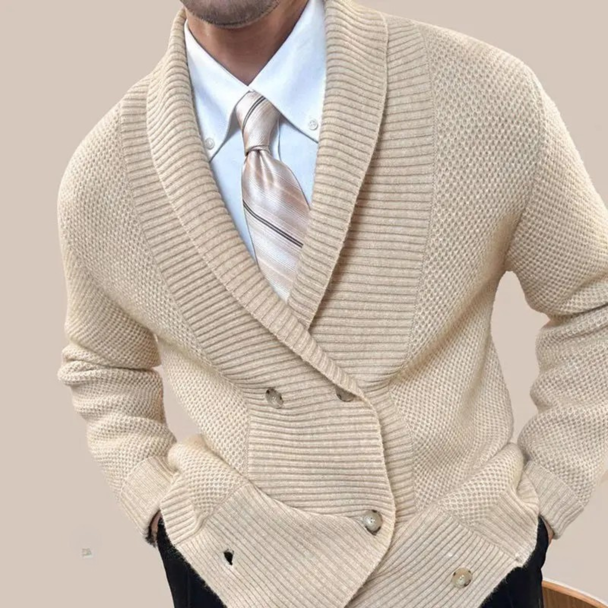 Men's Double Breasted Cardigan Chunky Knit Shawl Collar