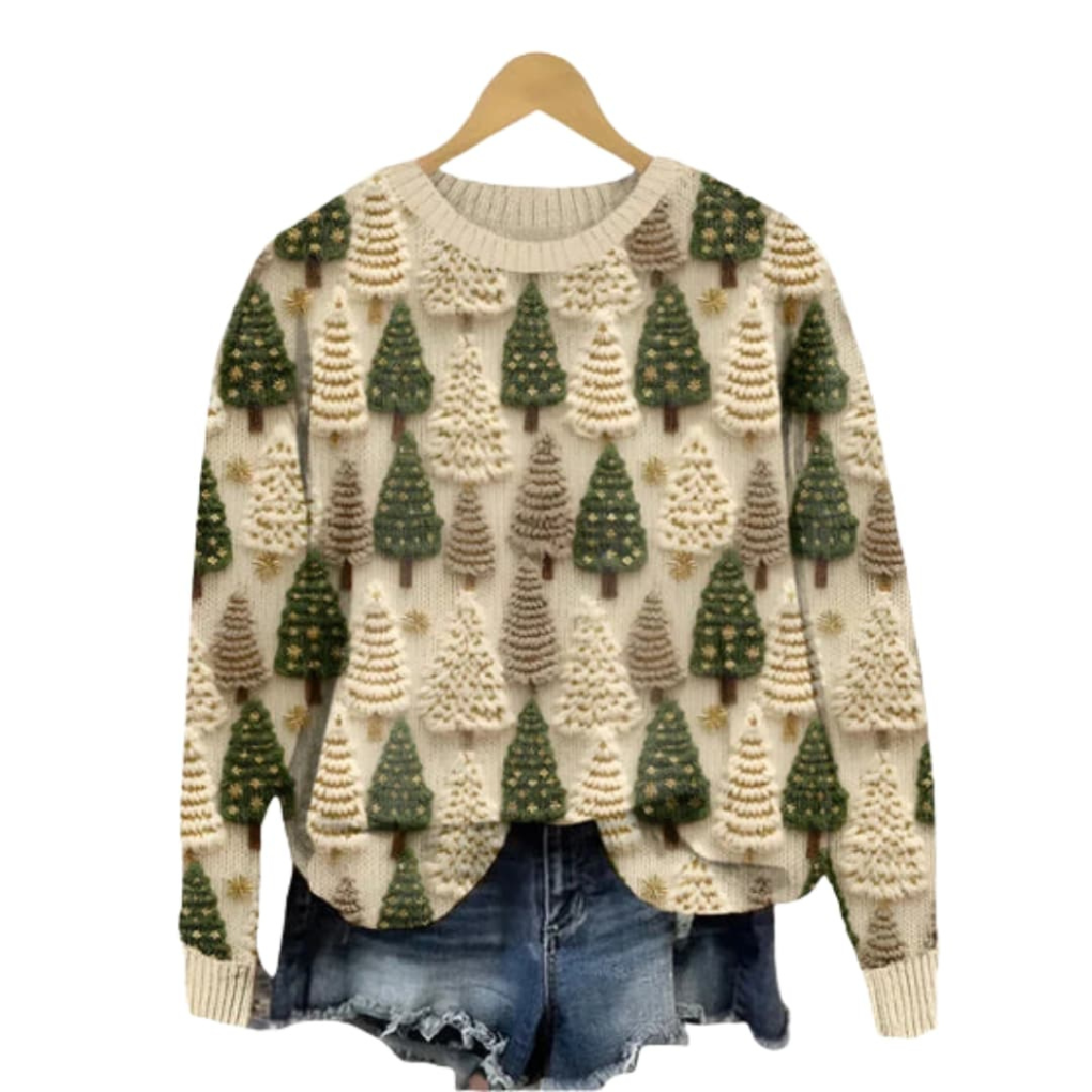 Women's Tree Pattern Knit Sweater Round Neck - VibreMode