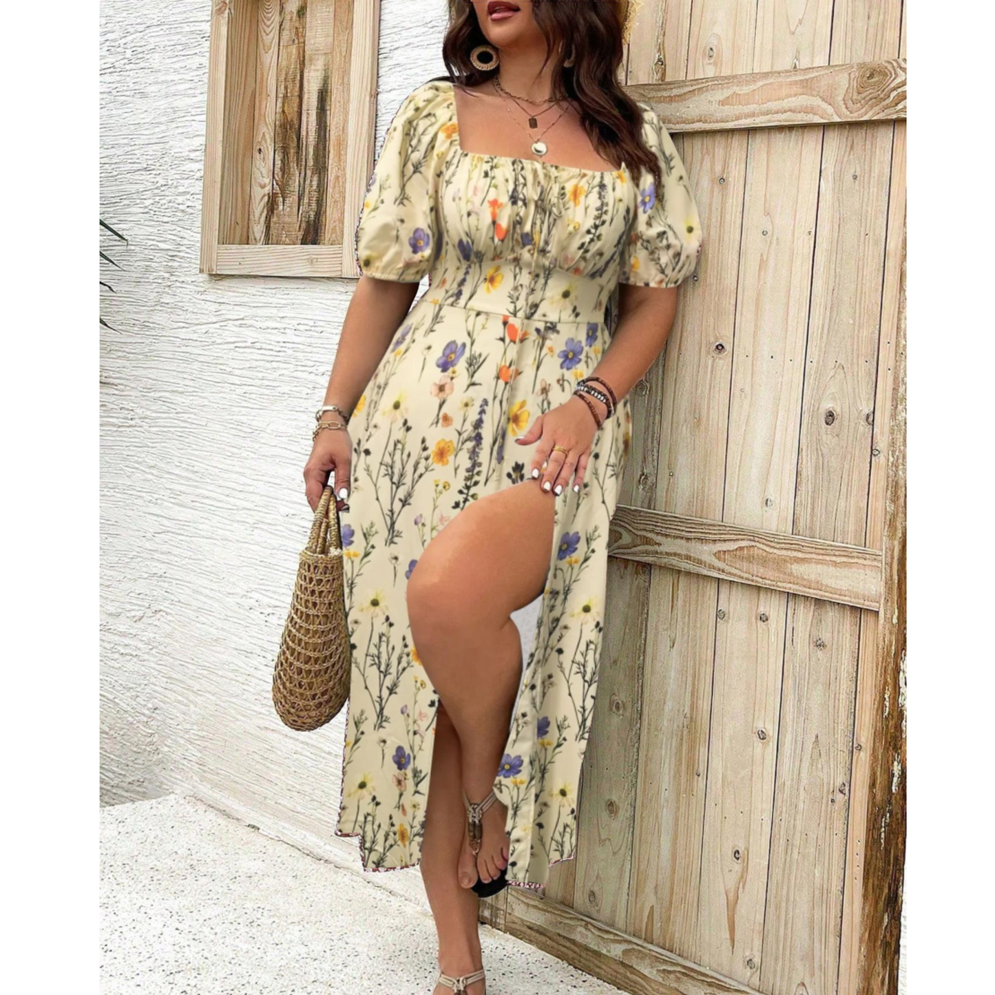 Women's Puff Sleeve Dress Square Neck Slit