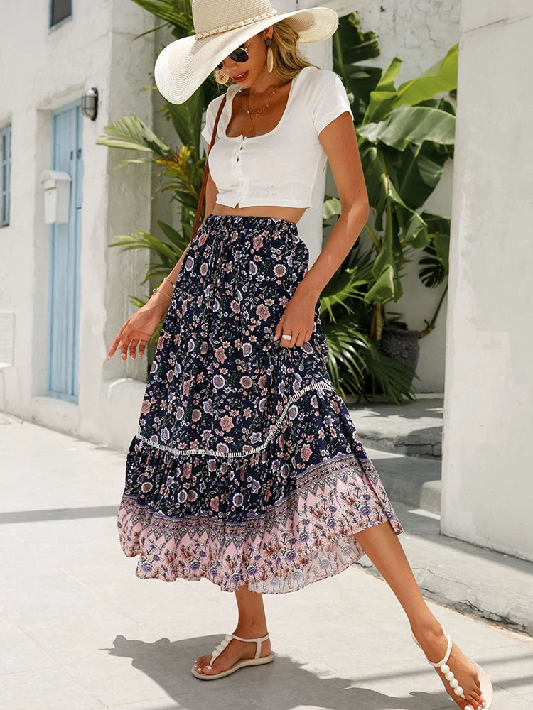 Women's Floral Maxi Skirt Elastic Waist - VibreMode
