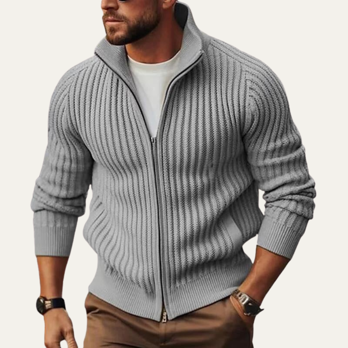 Men's Modern Knit Cardigan Warm Zip Up Stand Collar