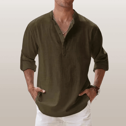 Men's Linen Blend Henley Shirt Long Sleeve Casual Beige