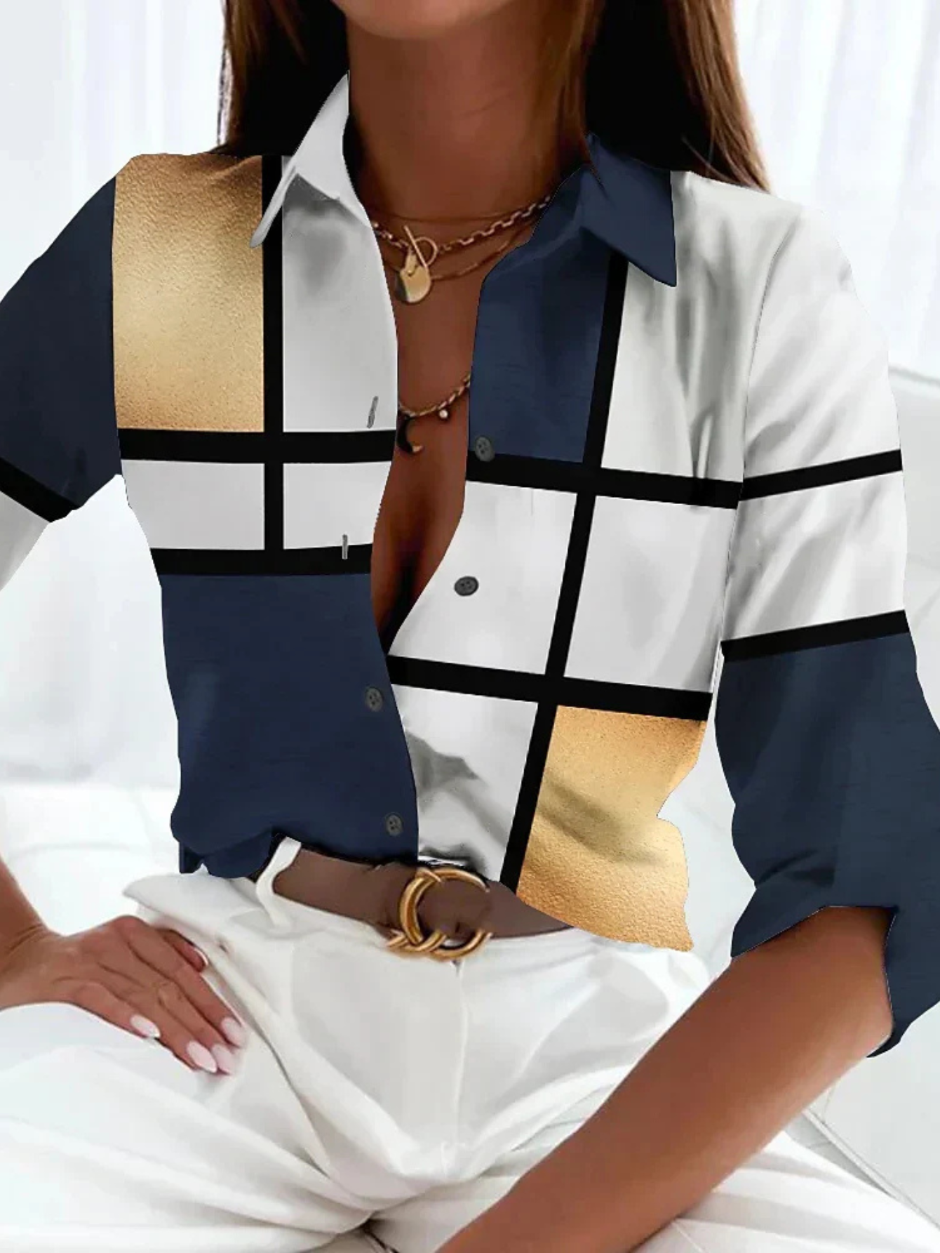 Women's Printed Button Front Blouse - VibreMode