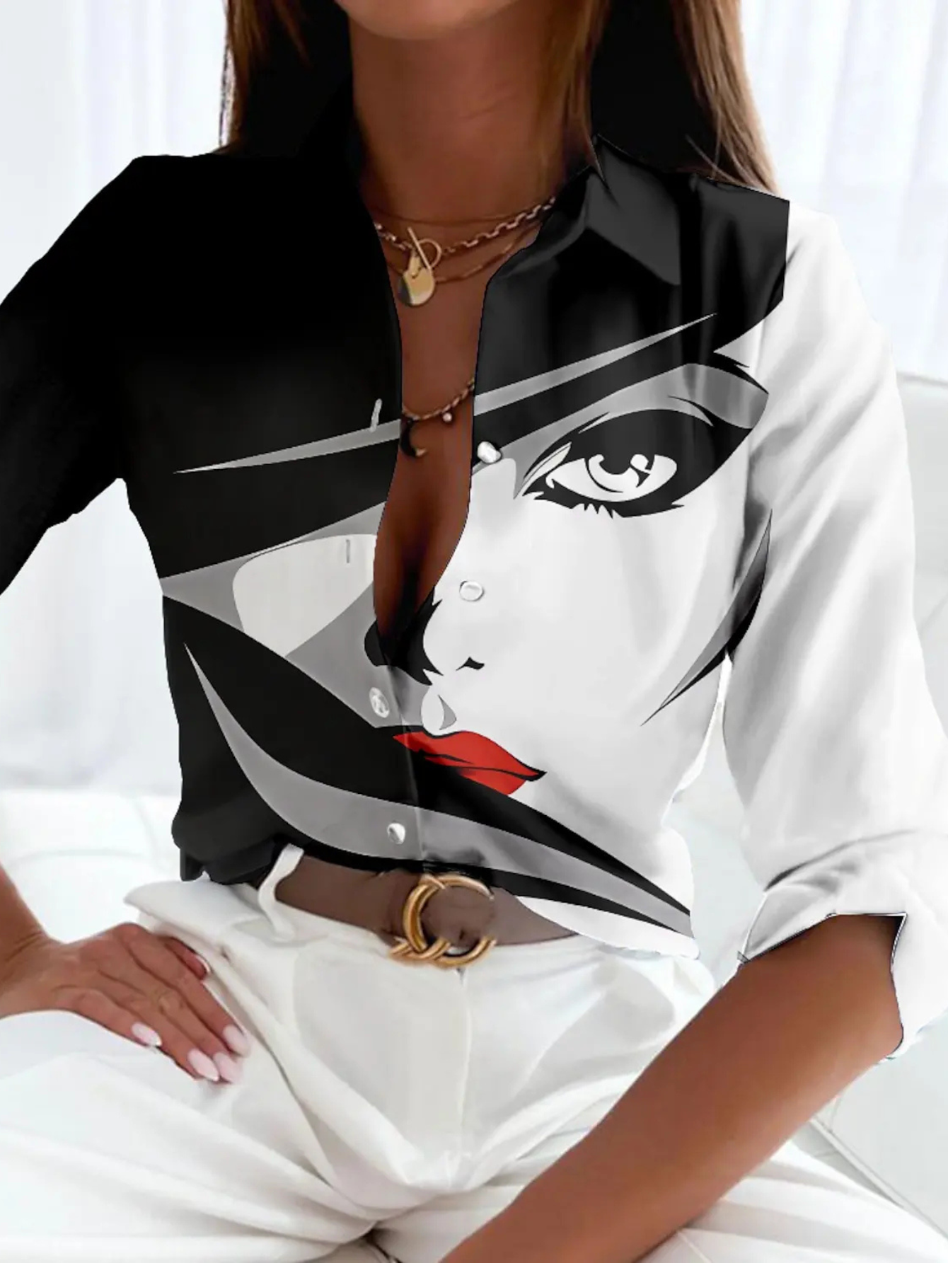 Women's Printed Button Front Blouse