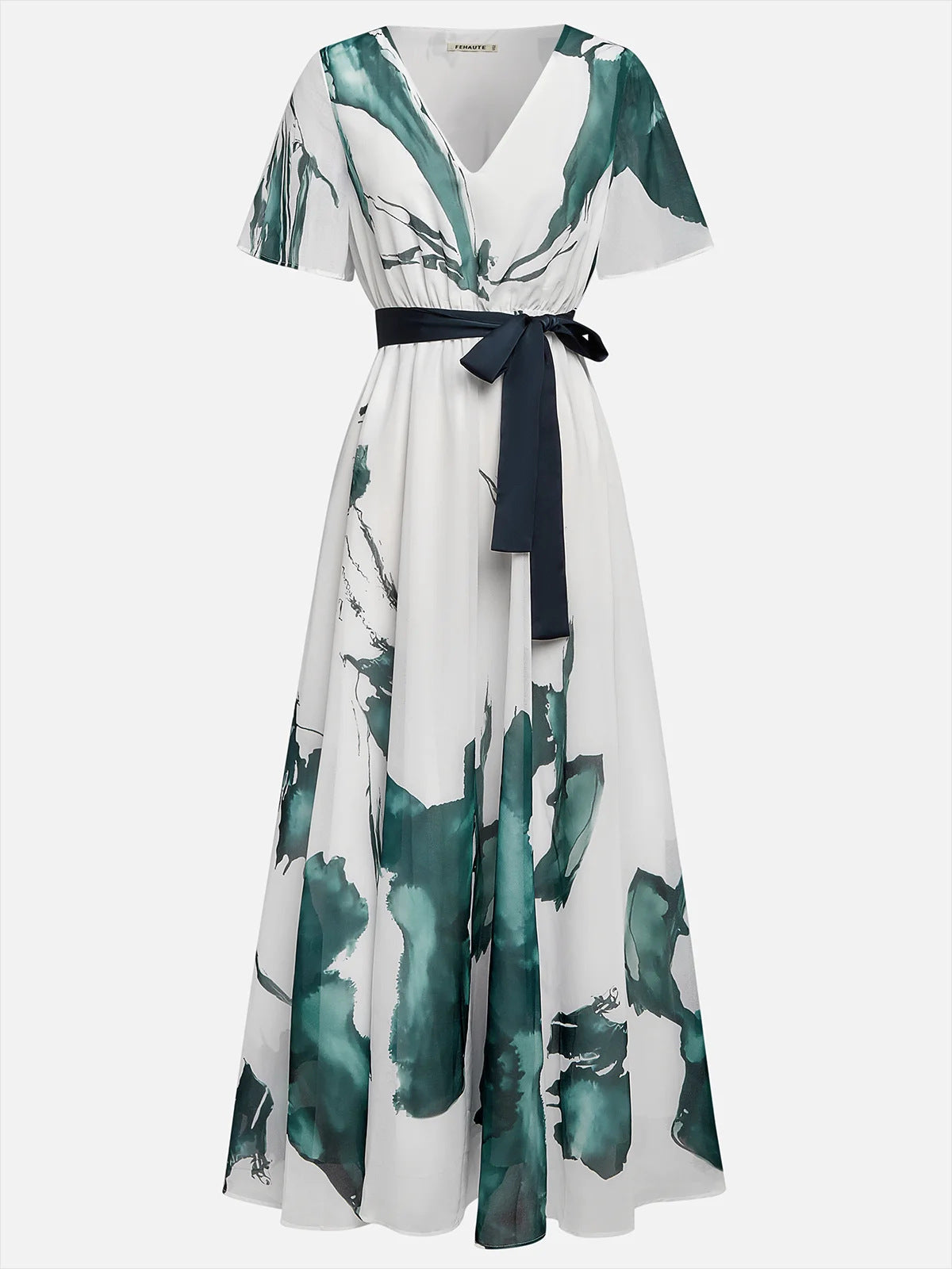 Women's Chiffon Maxi Dress Belted Waist Full Skirt