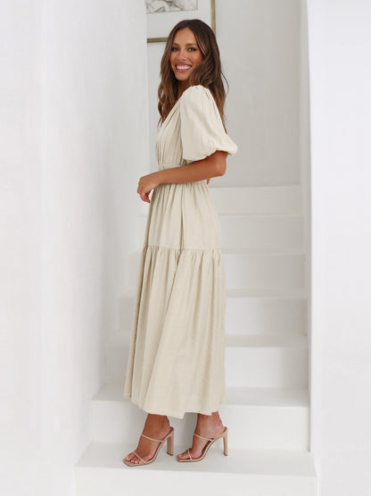 Women's Casual V-Neck Puff Sleeve Midi Dress