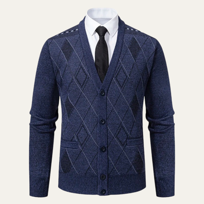 Men's Plaid Fleece Cardigan V Neck Winter Knit