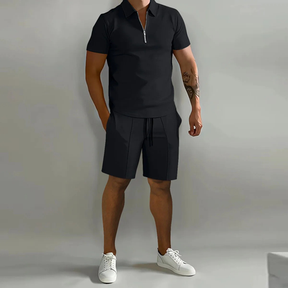 Men's Polo Shirt Shorts Set Black Cotton
