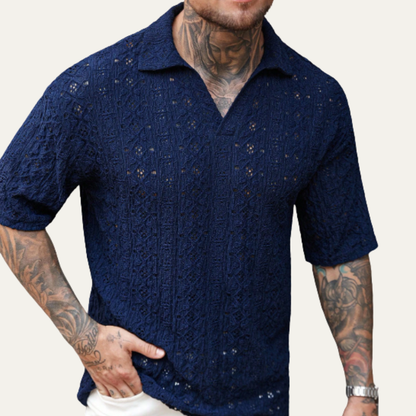 Men's Linen Shirt Crochet Mesh Navy Blue