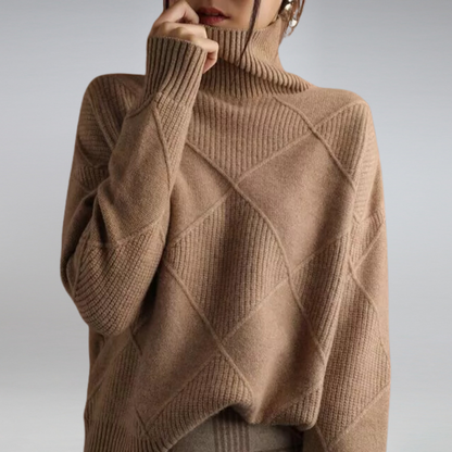 Women's Turtleneck Sweater Diamond Knit Ribbed Cuffs