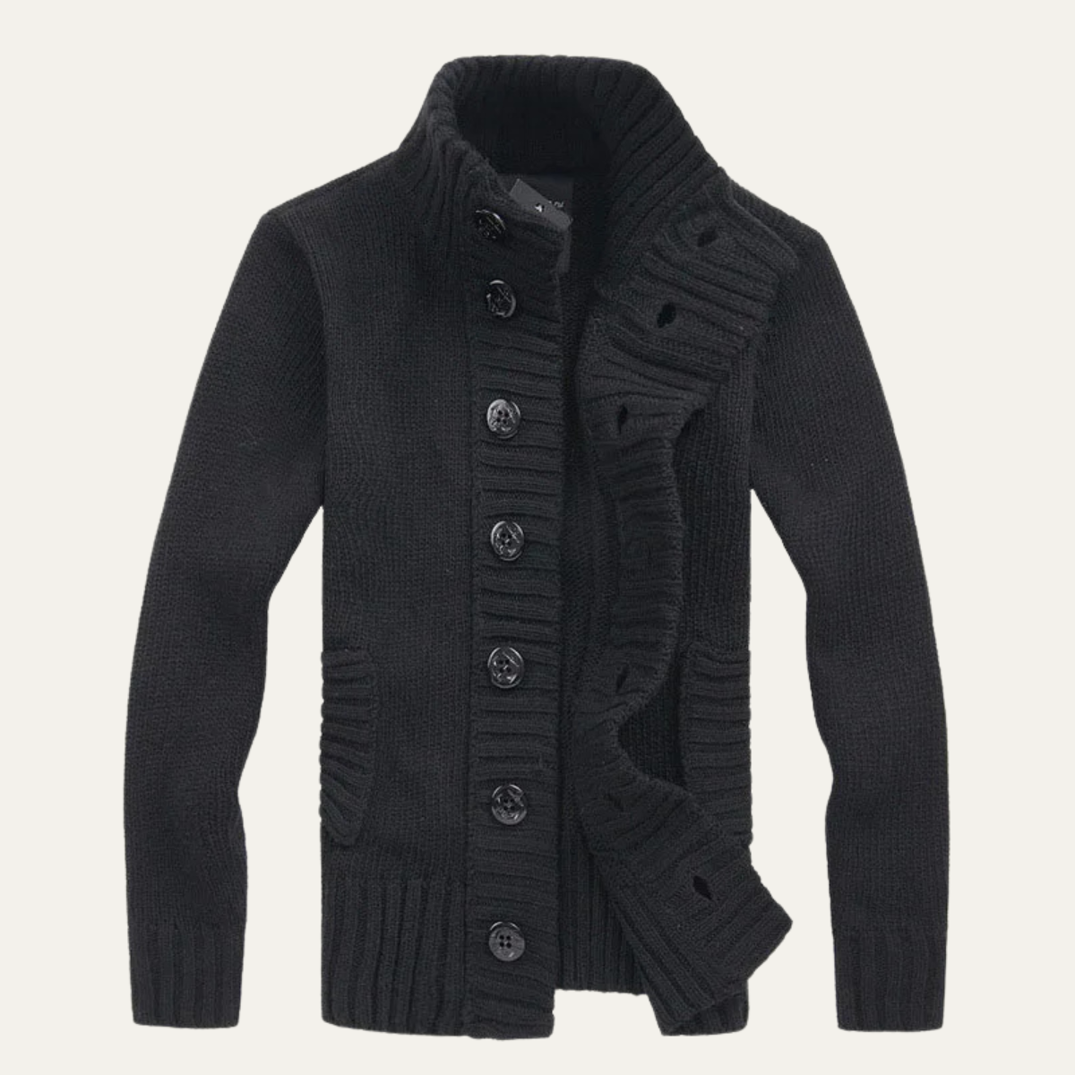 Men's Chunky Knit Cardigan High Neck Button Up Wool Grey