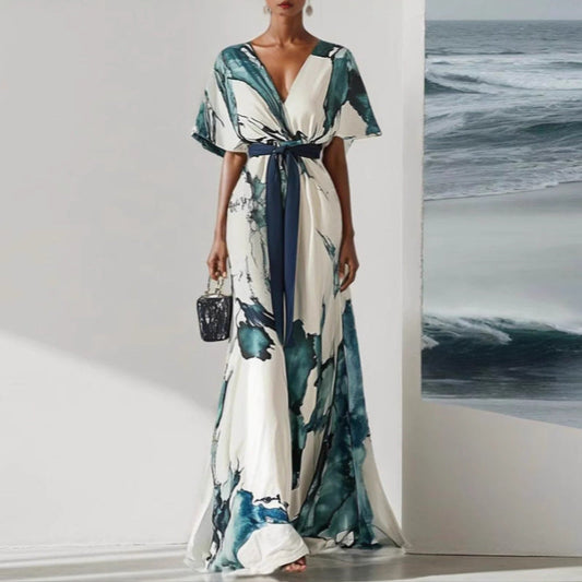 Women's Chiffon Maxi Dress Belted Waist Full Skirt - VibreMode