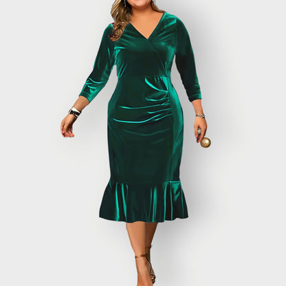 Women's Velvet Midi Dress Ruffle Detail