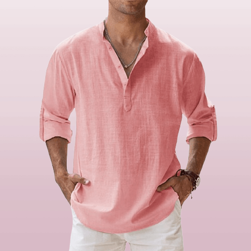 Men's Linen Blend Henley Shirt Long Sleeve Casual Beige