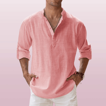 Men's Linen Blend Henley Shirt Long Sleeve Casual Beige