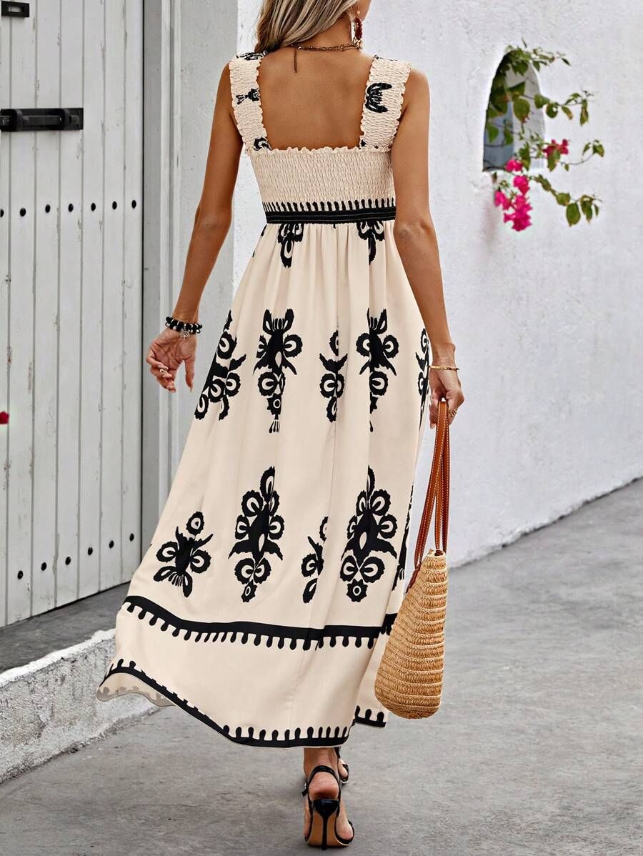 Women's Maxi Dress Printed Square Neck Smocked Bodice Ruffle Straps