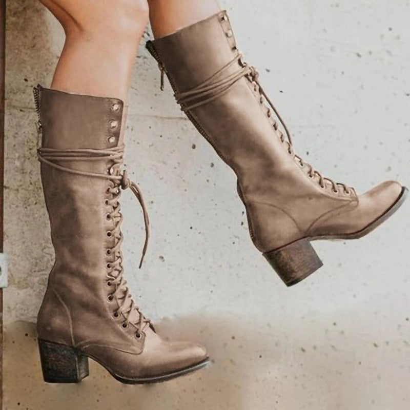 Women's Knee High Lace-Up Boots Chunky Heel Brown
