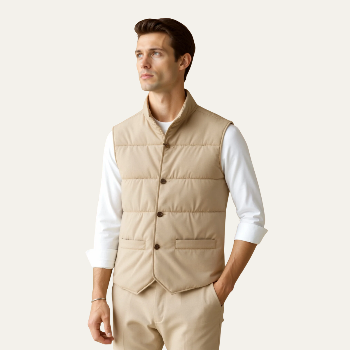 Men's Quilted Vest Beige Slim Fit Padded