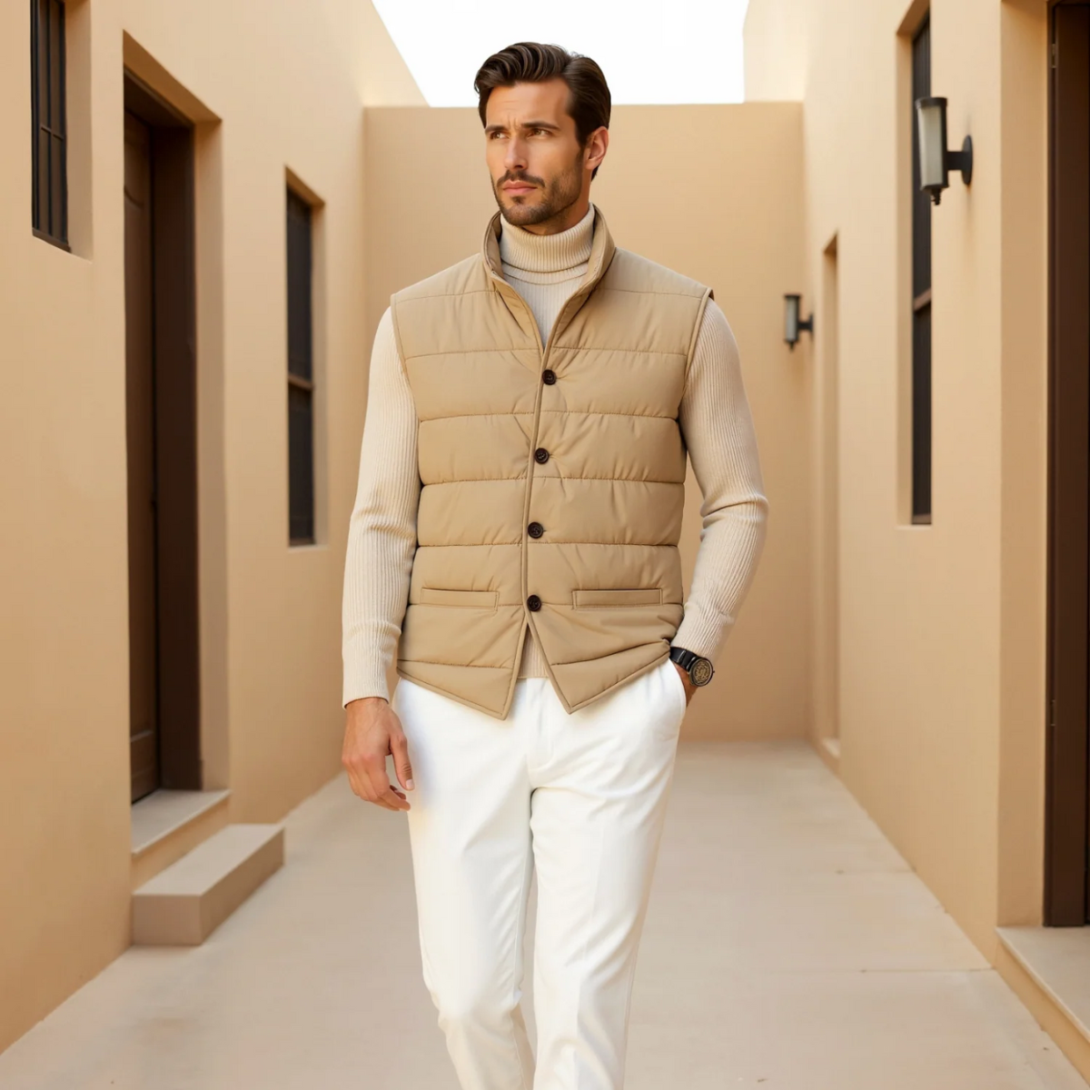 Men's Quilted Vest Beige Slim Fit Padded