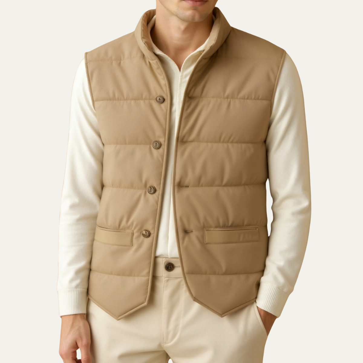 Men's Quilted Vest Beige Slim Fit Padded