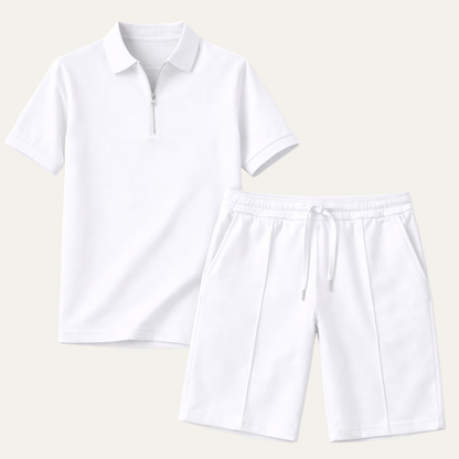 Men's Polo Shirt And Shorts Set White Cotton - VibreMode