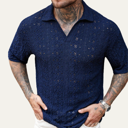 Men's Linen Shirt Crochet Mesh Navy Blue
