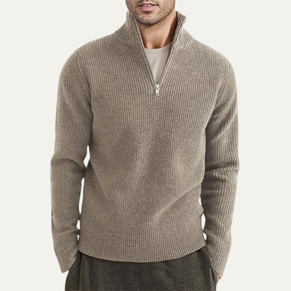 Men's Ribbed Mock Neck Sweater Warm Knit Half Zip