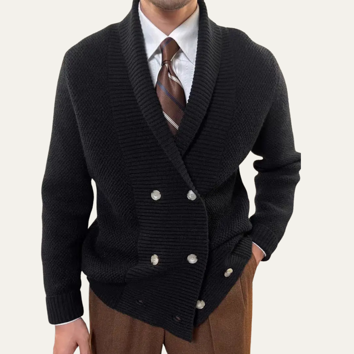 Men's Double Breasted Cardigan Chunky Knit Shawl Collar