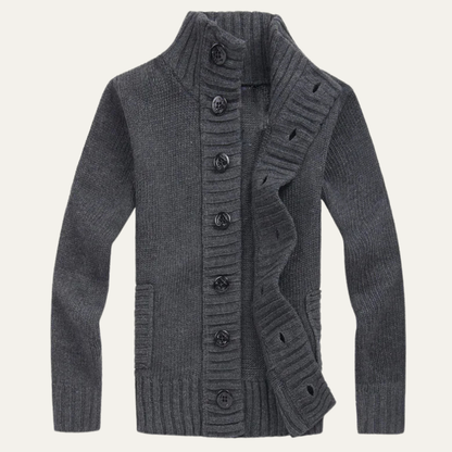 Men's Chunky Knit Cardigan High Neck Button Up Wool Grey