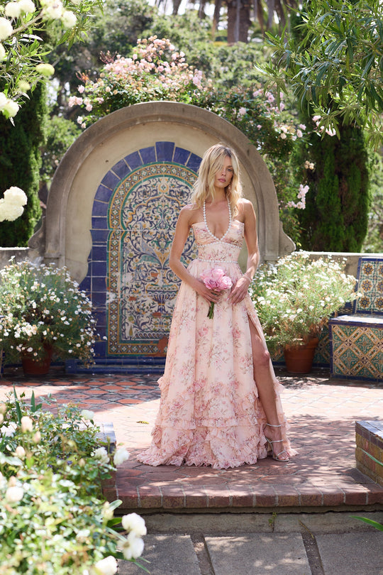 Stylish Peach Print Fit Dress