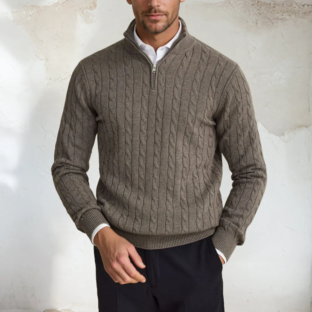 Men's Cable Knit Half Zip Sweater Taupe