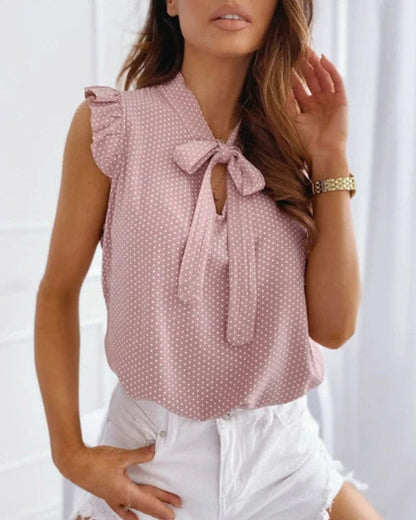 Women's Ruffle Blouse Sleeveless Bow Detail