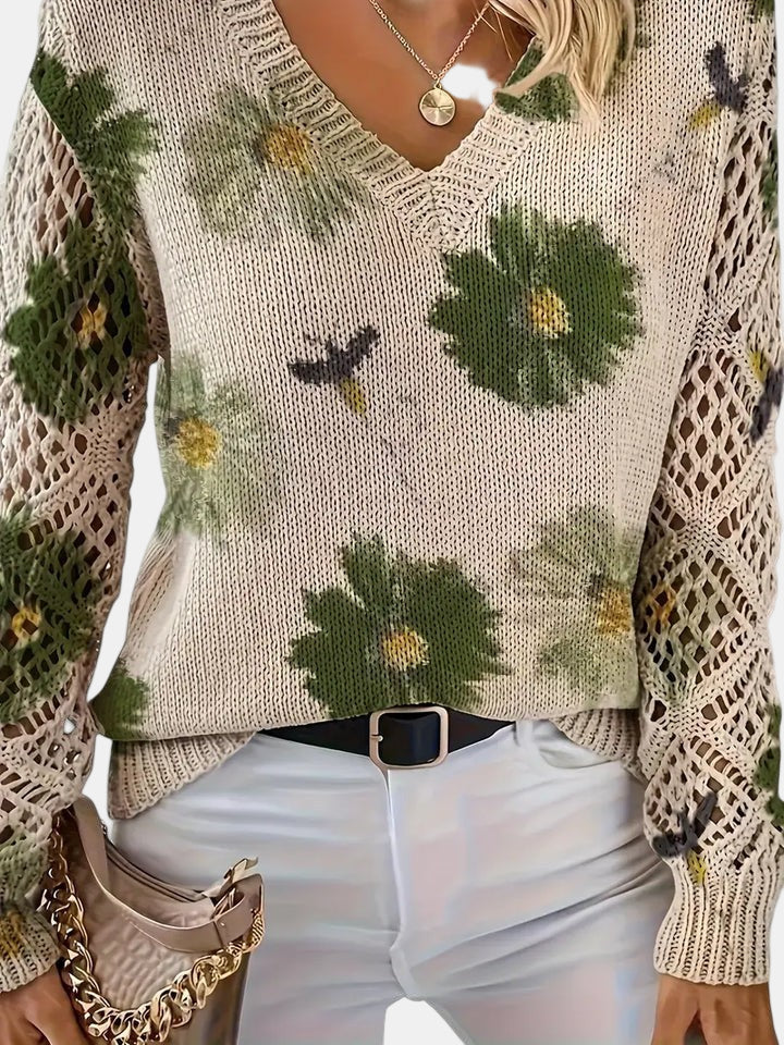 Women's V-Neck Sweater Floral Knit Pattern