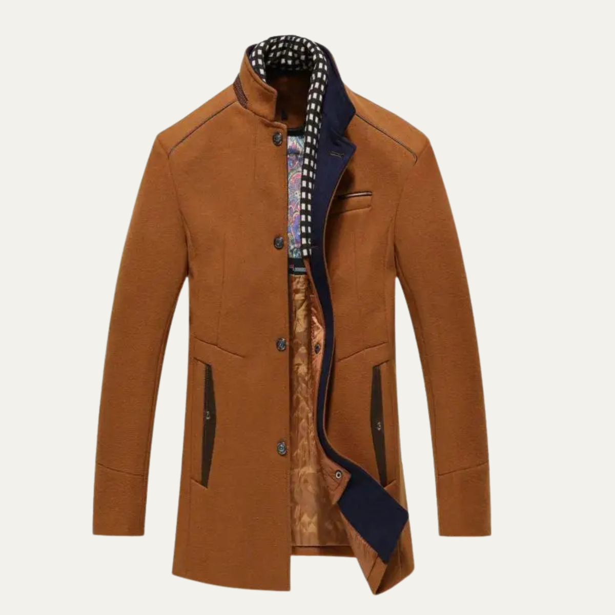 Men's Wool Trench Coat Stand Collar Tan