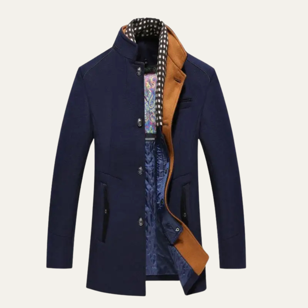 Men's Wool Trench Coat Stand Collar Tan - VibreMode